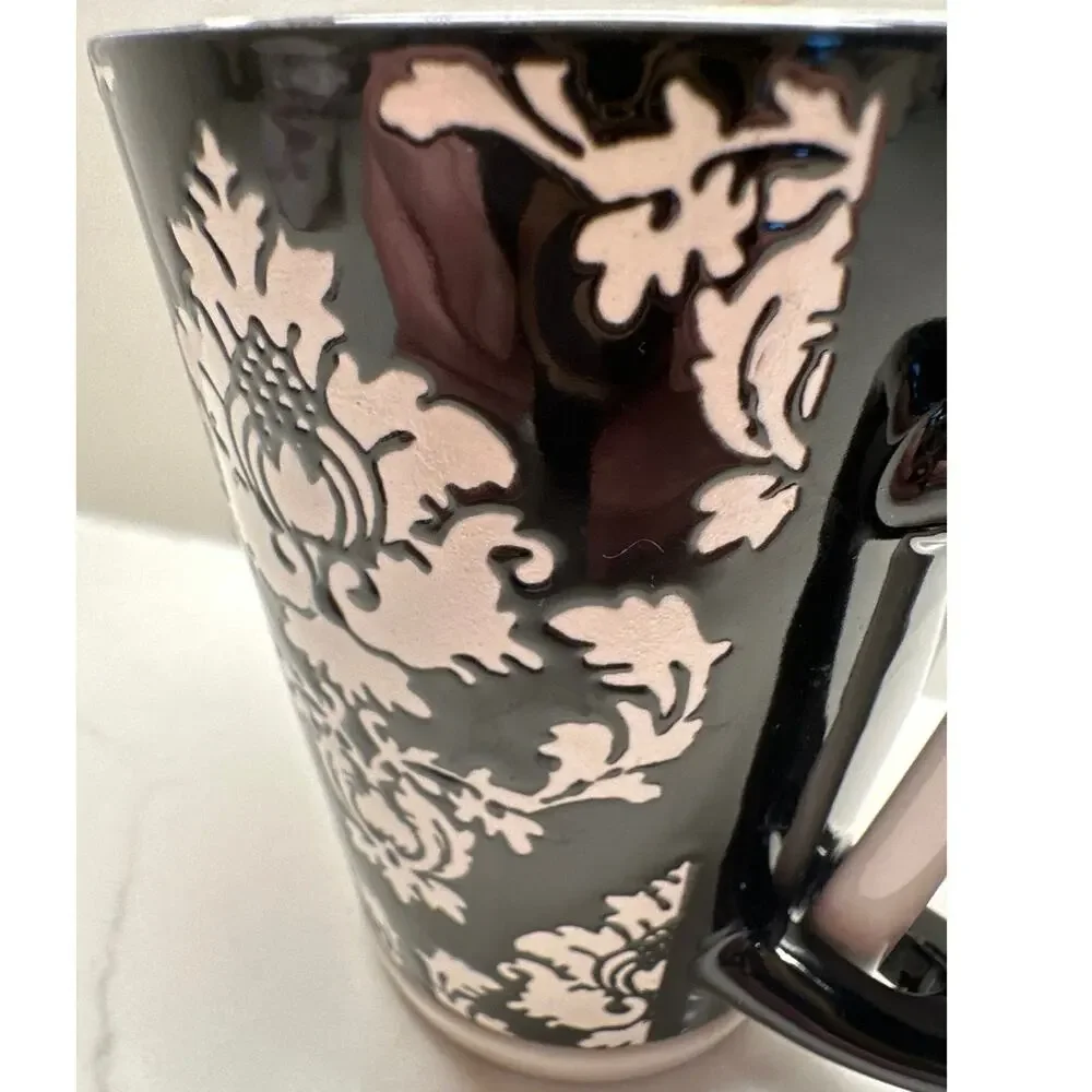 Pier 1 One Imports Black White Damask Coffee Mug With Spoon